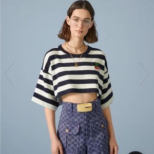 GUCCI STRIPED COTTON CROPPED T-SHIRT - cherry